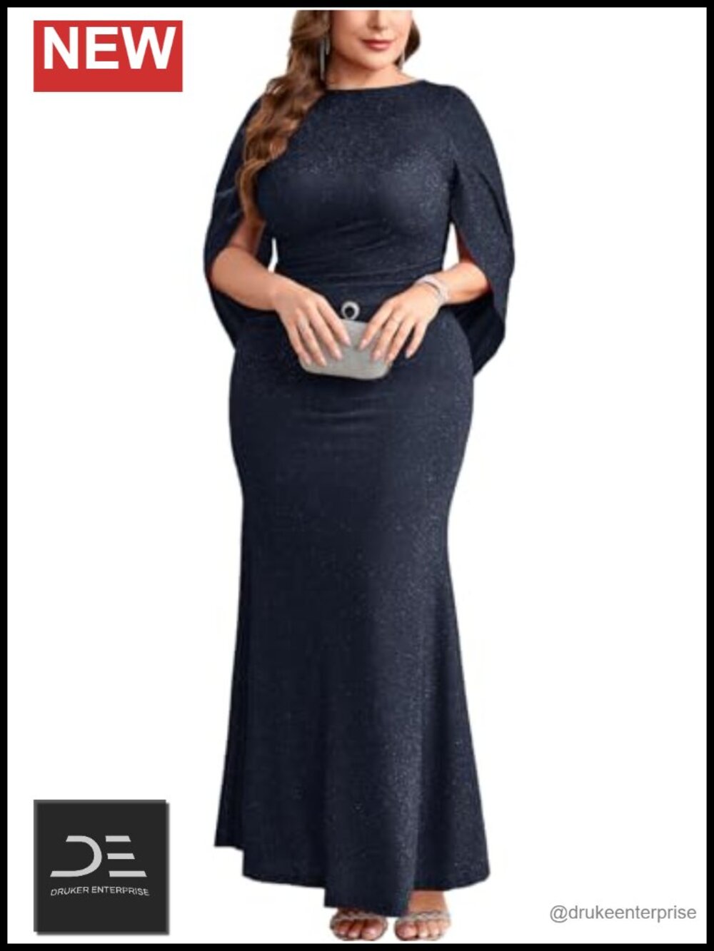 Plus Size Sparkly Glitter Mermaid Maxi Dress Sequin Cape Sleeve Formal